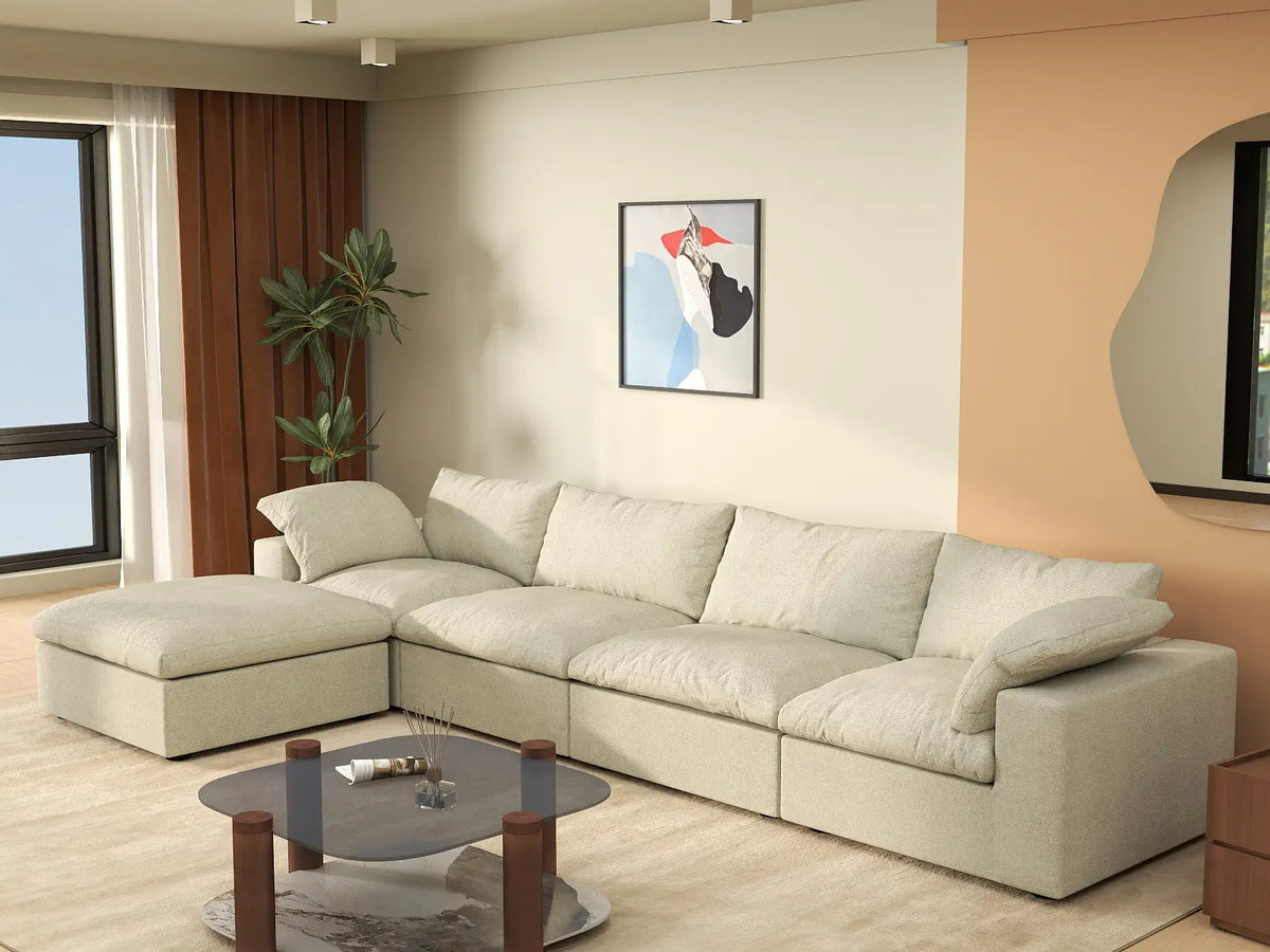 Deluxe Cloud 4-Seater Khaki Storage L-Shaped Sectional | 5-Piece (includes 1 Ottoman), Cotton and Linen Fabric, Washable Covers