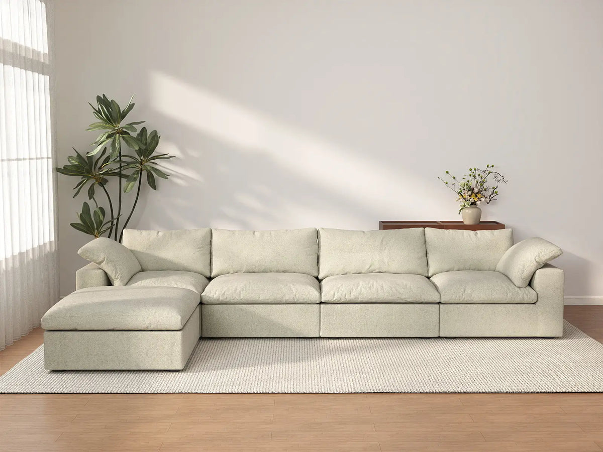 Deluxe Cloud 4-Seater Khaki Storage L-Shaped Sectional | 5-Piece (includes 1 Ottoman), Cotton and Linen Fabric, Washable Covers