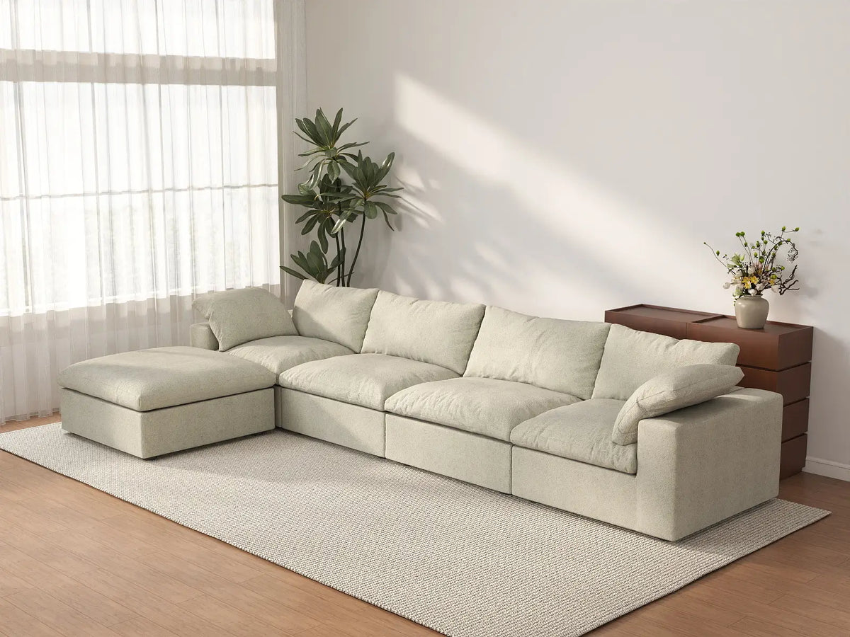 Deluxe Cloud 4-Seater Khaki Storage L-Shaped Sectional | 5-Piece (includes 1 Ottoman), Cotton and Linen Fabric, Washable Covers