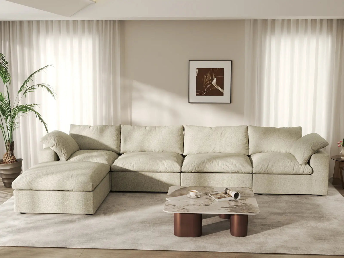 Deluxe Cloud 4-Seater Khaki Storage L-Shaped Sectional | 5-Piece (includes 1 Ottoman), Cotton and Linen Fabric, Washable Covers