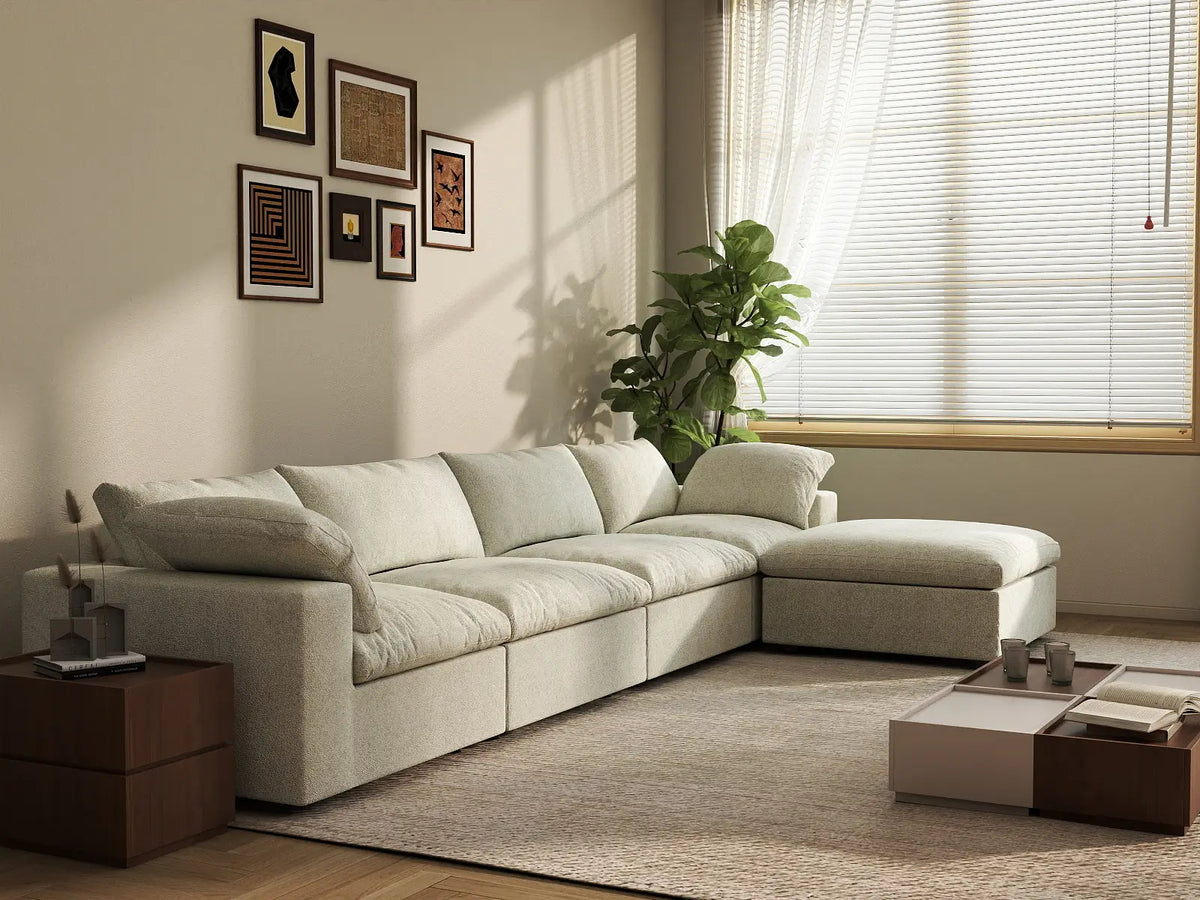 Deluxe Cloud 4-Seater Khaki Storage L-Shaped Sectional | 5-Piece (includes 1 Ottoman), Cotton and Linen Fabric, Washable Covers