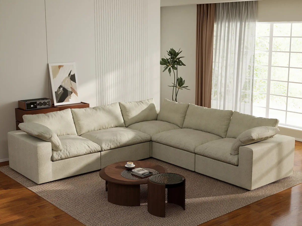 Deluxe Cloud 5-Seater Khaki Washable V-Shaped Sectional | 5-Piece, Cotton and Linen Fabric, Modular Design