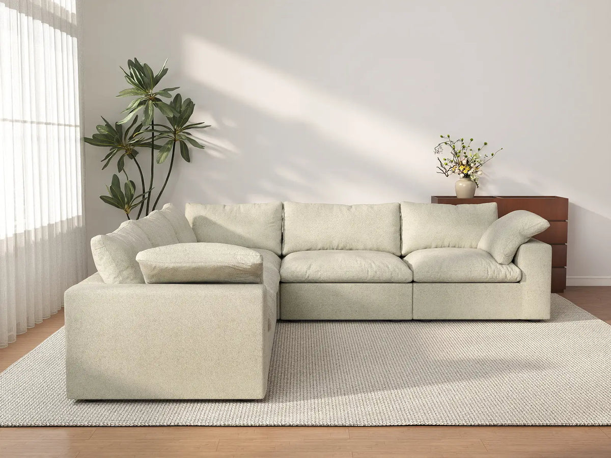 Deluxe Cloud 5-Seater Khaki Washable V-Shaped Sectional | 5-Piece, Cotton and Linen Fabric, Modular Design