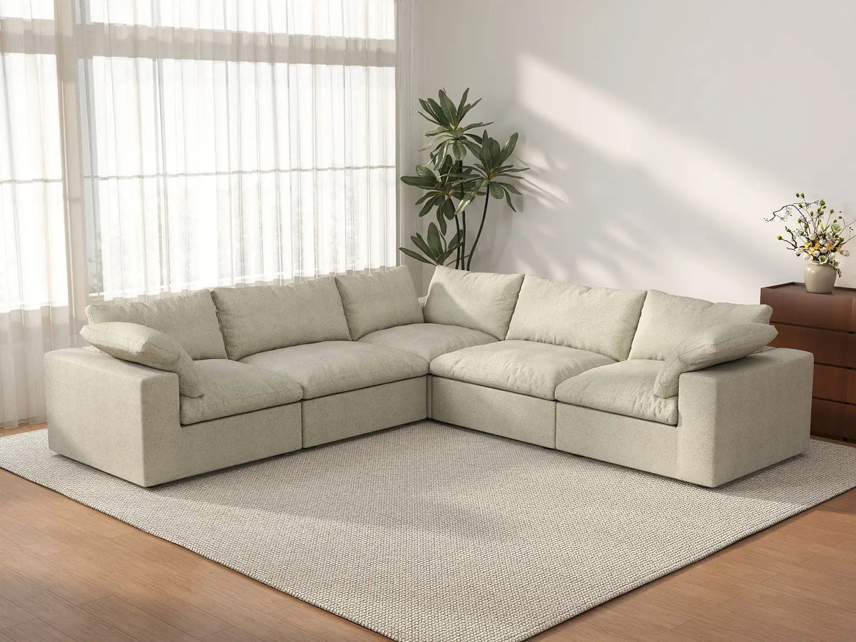 Deluxe Cloud 5-Seater Khaki Washable V-Shaped Sectional | 5-Piece, Cotton and Linen Fabric, Modular Design