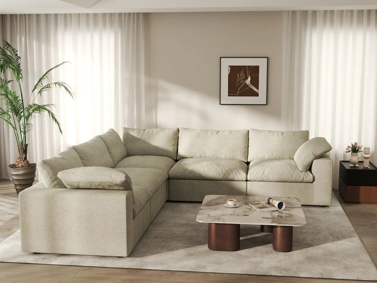 Deluxe Cloud 5-Seater Khaki Washable V-Shaped Sectional | 5-Piece, Cotton and Linen Fabric, Modular Design