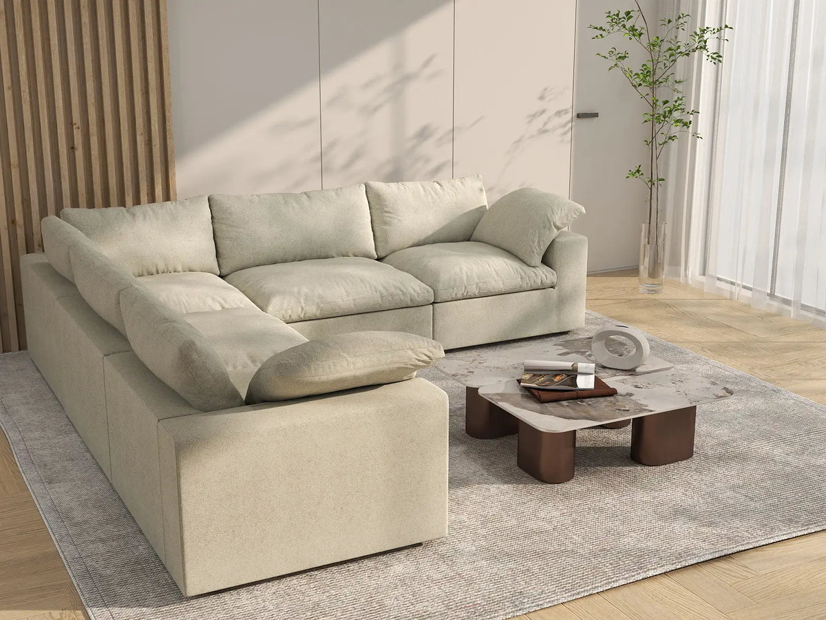 Deluxe Cloud 5-Seater Khaki Washable V-Shaped Sectional | 5-Piece, Cotton and Linen Fabric, Modular Design