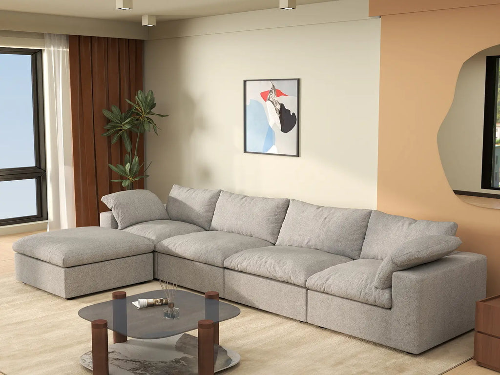 Deluxe Cloud 4-Seater Light-Grey Storage L-Shaped Sectional | 5-Piece (includes 1 Ottoman), Cotton and Linen Fabric, Washable Covers