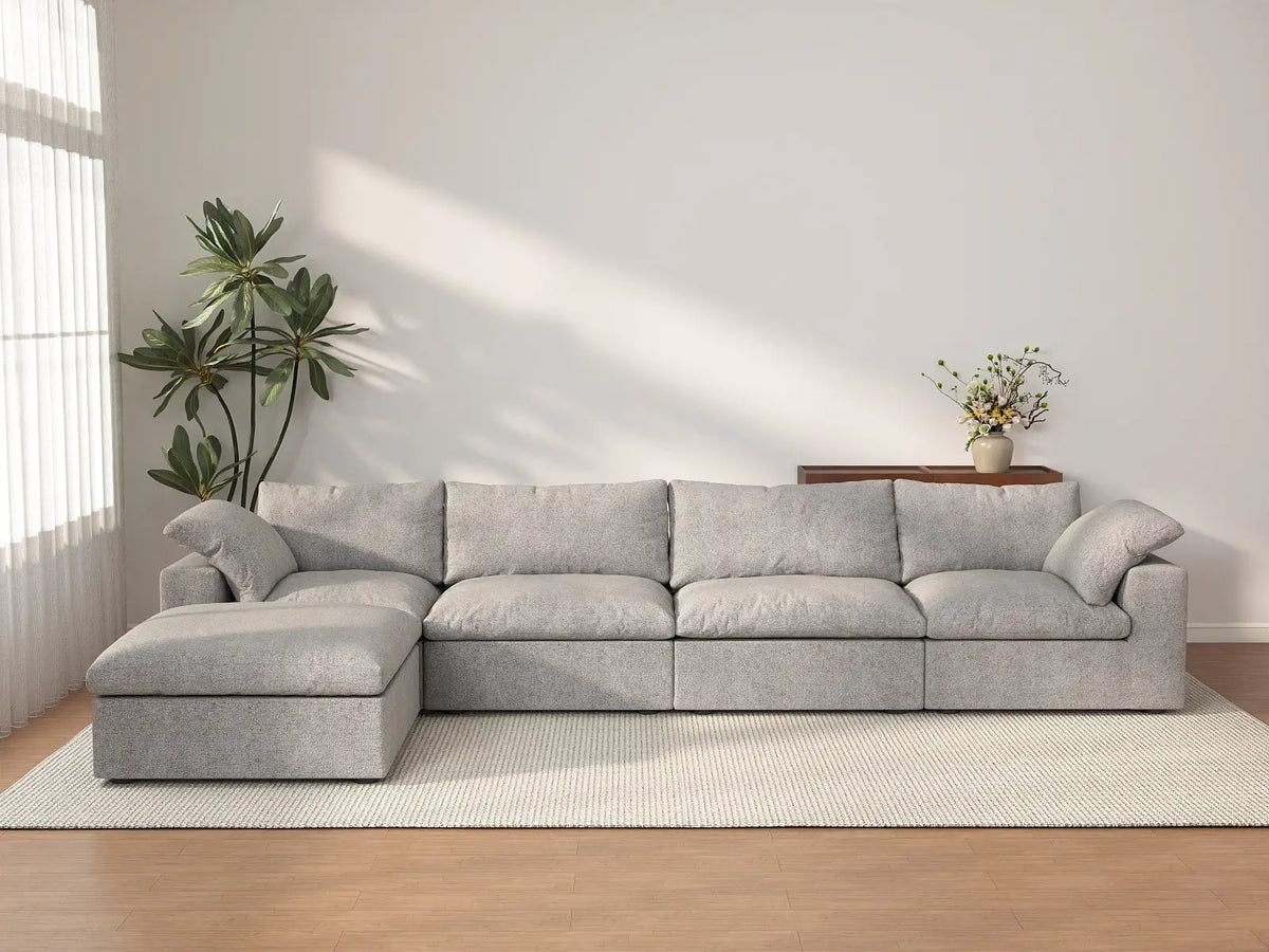 Deluxe Cloud 4-Seater Light-Grey Storage L-Shaped Sectional | 5-Piece (includes 1 Ottoman), Cotton and Linen Fabric, Washable Covers