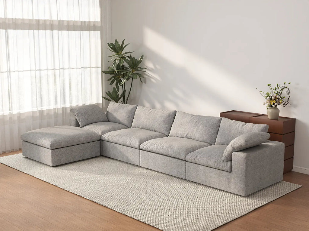 Deluxe Cloud 4-Seater Light-Grey Storage L-Shaped Sectional | 5-Piece (includes 1 Ottoman), Cotton and Linen Fabric, Washable Covers