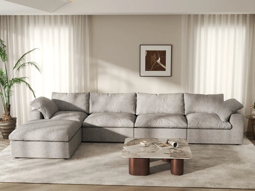 Deluxe Cloud 4-Seater Light-Grey Storage L-Shaped Sectional | 5-Piece (includes 1 Ottoman), Cotton and Linen Fabric, Washable Covers