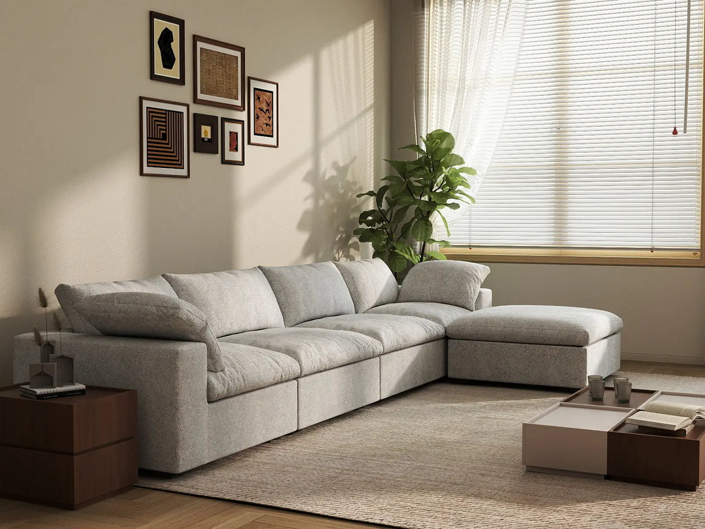 Deluxe Cloud 4-Seater Light-Grey Storage L-Shaped Sectional | 5-Piece (includes 1 Ottoman), Cotton and Linen Fabric, Washable Covers