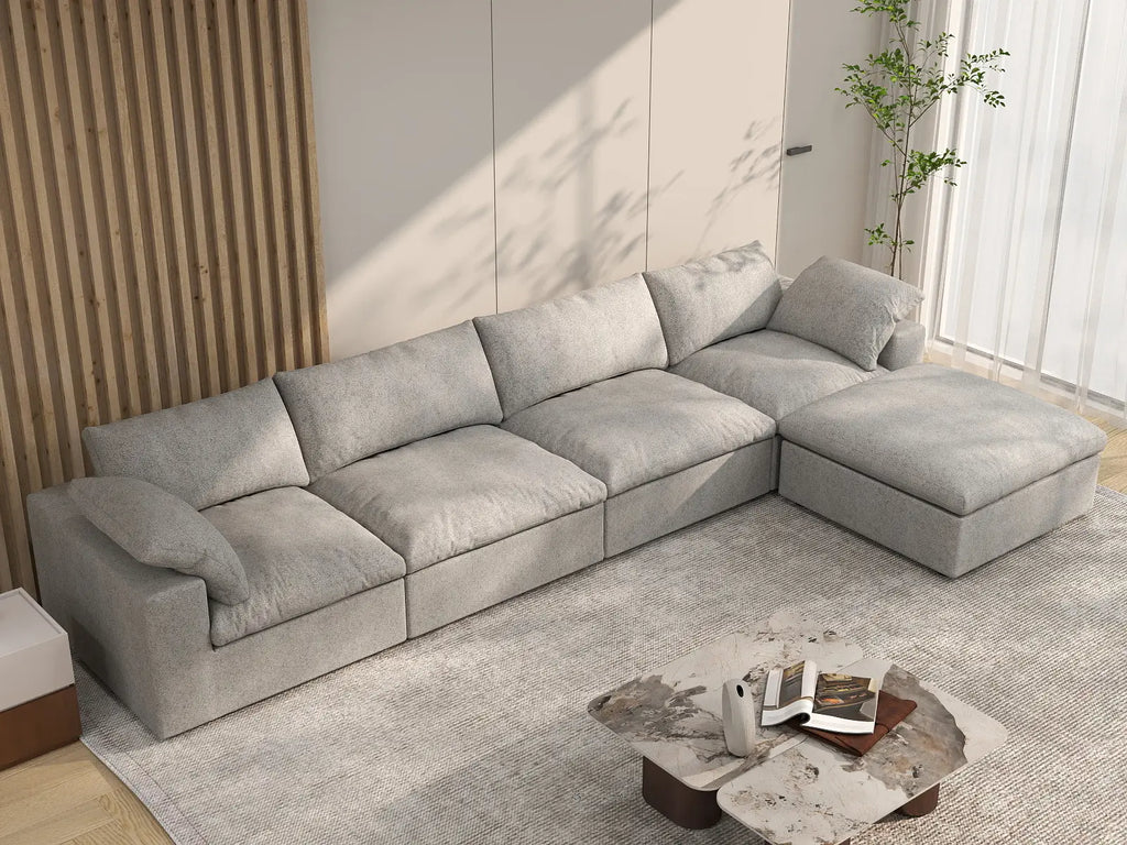 Deluxe Cloud 4-Seater Light-Grey Storage L-Shaped Sectional | 5-Piece (includes 1 Ottoman), Cotton and Linen Fabric, Washable Covers