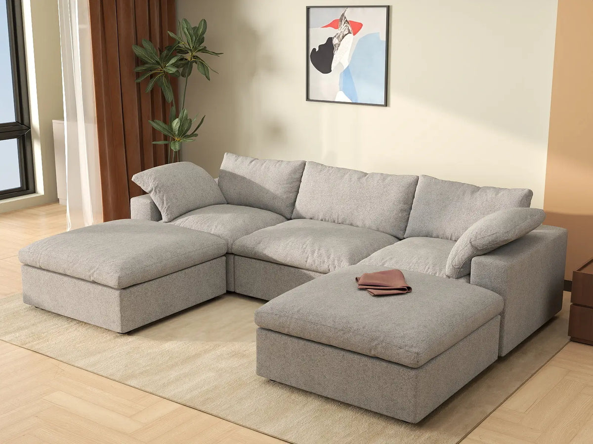 Deluxe Cloud 3-Seater Light-Grey Storage U-Shaped Sectional | 5-Piece (includes 2 Ottomans), Cotton and Linen Fabric, Washable Covers