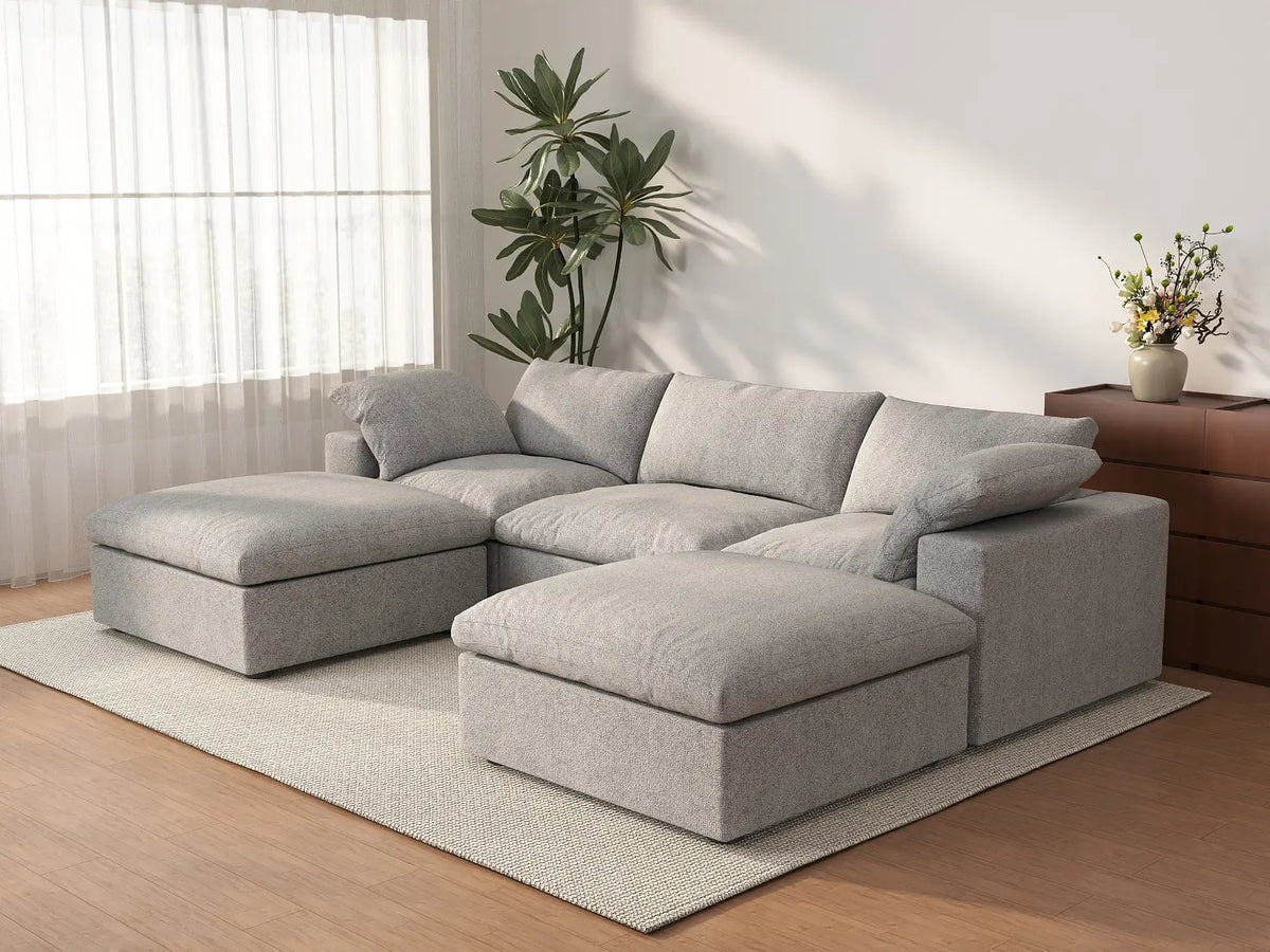 Deluxe Cloud 3-Seater Light-Grey Storage U-Shaped Sectional | 5-Piece (includes 2 Ottomans), Cotton and Linen Fabric, Washable Covers