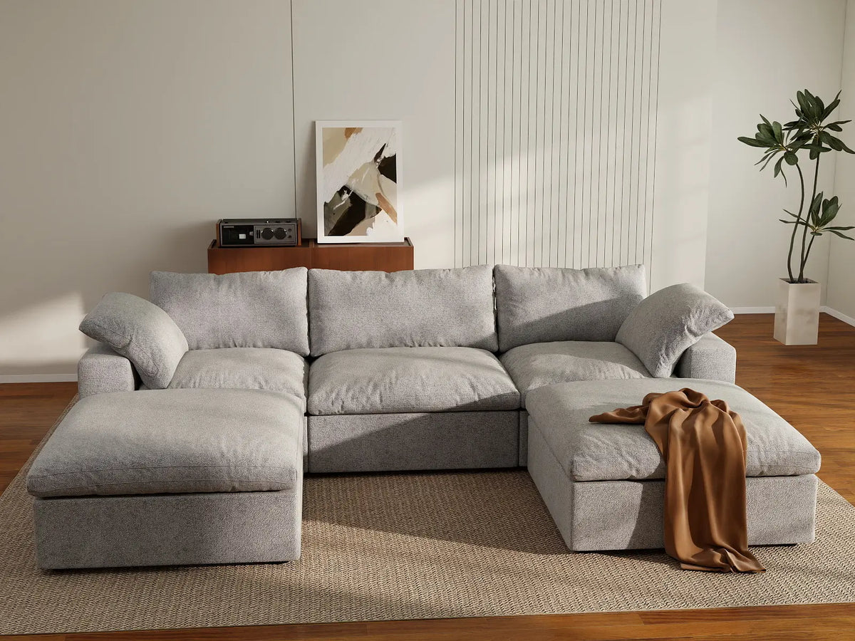 Deluxe Cloud 3-Seater Light-Grey Storage U-Shaped Sectional | 5-Piece (includes 2 Ottomans), Cotton and Linen Fabric, Washable Covers