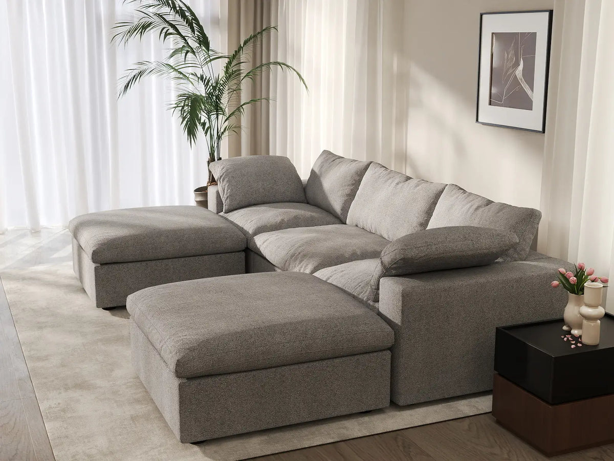 Deluxe Cloud 3-Seater Light-Grey Storage U-Shaped Sectional | 5-Piece (includes 2 Ottomans), Cotton and Linen Fabric, Washable Covers