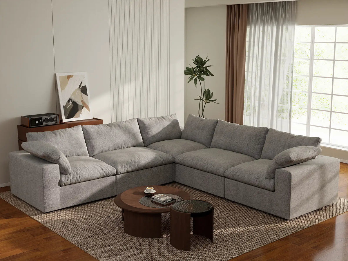 Deluxe Cloud 5-Seater Light-Grey Washable V-Shaped Sectional | 5-Piece, Cotton and Linen Fabric, Modular Design