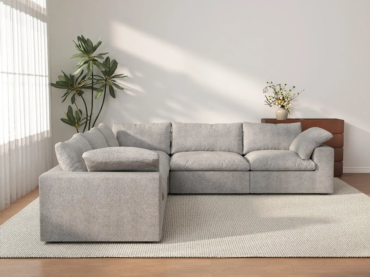 Deluxe Cloud 5-Seater Light-Grey Washable V-Shaped Sectional | 5-Piece, Cotton and Linen Fabric, Modular Design