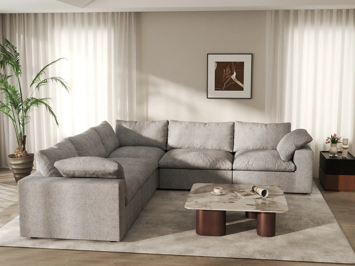 Deluxe Cloud 5-Seater Light-Grey Washable V-Shaped Sectional | 5-Piece, Cotton and Linen Fabric, Modular Design