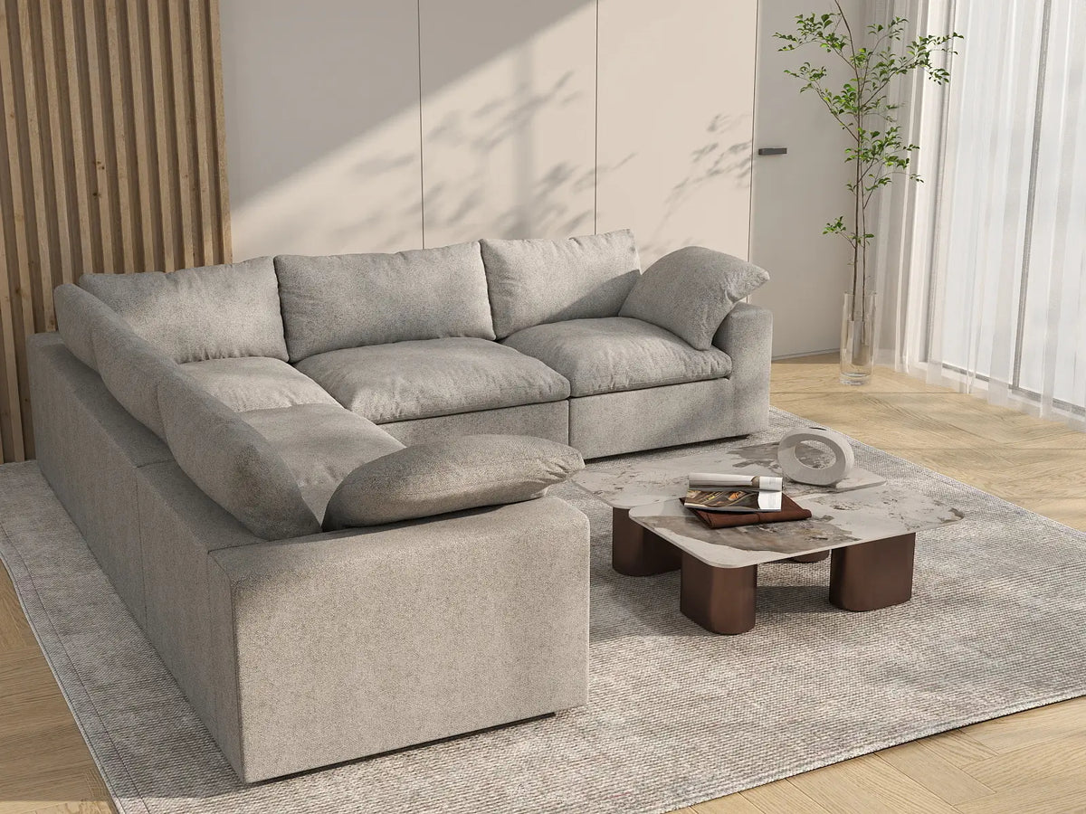 Deluxe Cloud 5-Seater Light-Grey Washable V-Shaped Sectional | 5-Piece, Cotton and Linen Fabric, Modular Design
