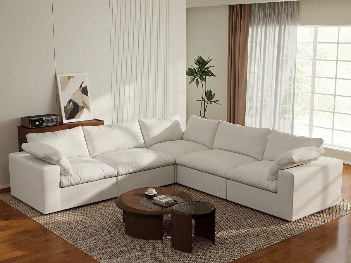 Deluxe Cloud 5-Seater White Washable V-Shaped Sectional | 5-Piece, Cotton and Linen Fabric, Modular Design
