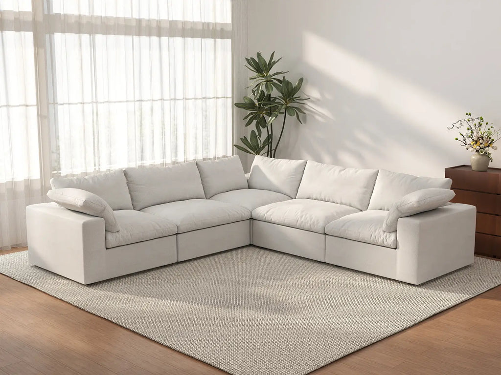 Deluxe Cloud 5-Seater White Washable V-Shaped Sectional | 5-Piece, Cotton and Linen Fabric, Modular Design
