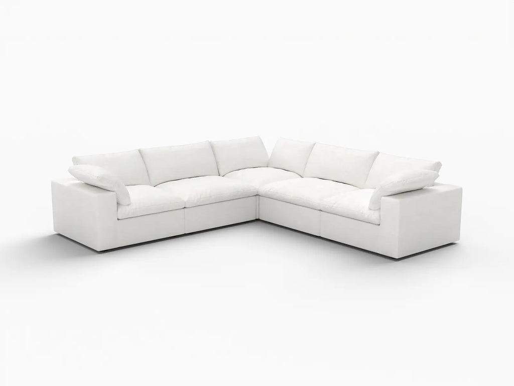 Deluxe Cloud 5-Seater White Washable V-Shaped Sectional | 5-Piece, Cotton and Linen Fabric, Modular Design