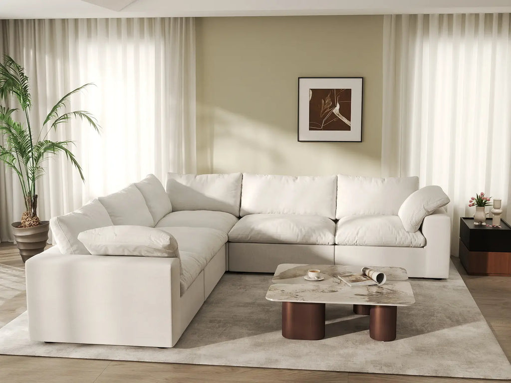 Deluxe Cloud 5-Seater White Washable V-Shaped Sectional | 5-Piece, Cotton and Linen Fabric, Modular Design