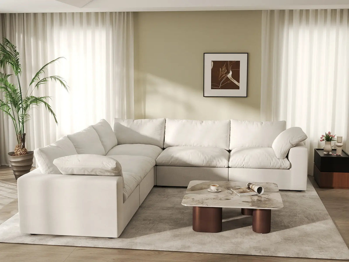 Deluxe Cloud 5-Seater White Washable V-Shaped Sectional | 5-Piece, Cotton and Linen Fabric, Modular Design