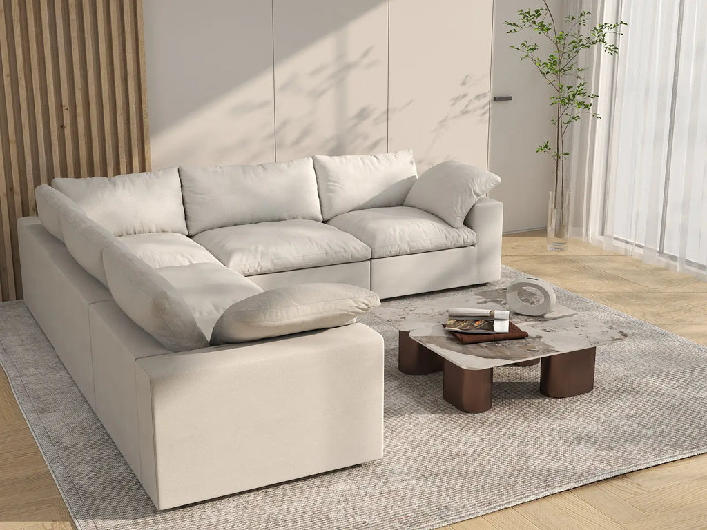 Deluxe Cloud 5-Seater White Washable V-Shaped Sectional | 5-Piece, Cotton and Linen Fabric, Modular Design