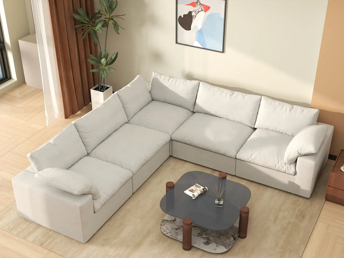 Deluxe Cloud 5-Seater White Washable V-Shaped Sectional | 5-Piece, Cotton and Linen Fabric, Modular Design
