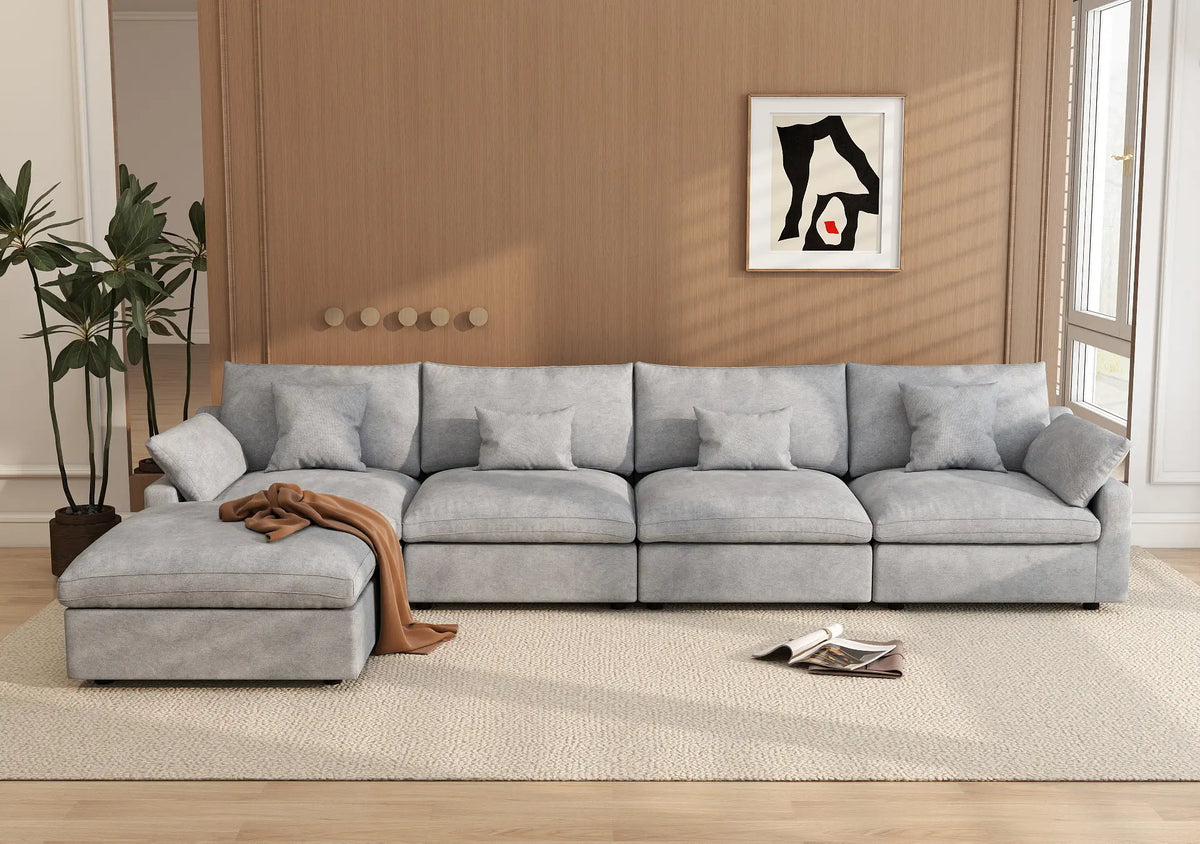 Deluxe Cloud 4-Seater Light-Grey Washable L-Shaped Sectional | 5-Piece (includes 1 Ottoman), Chenille and Linen Fabric, Modular Design