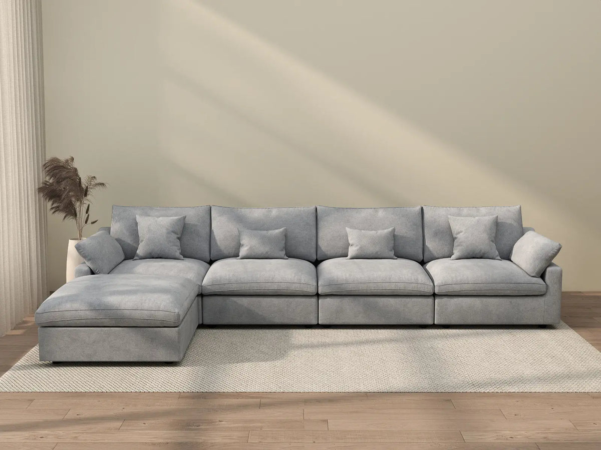 Deluxe Cloud 4-Seater Light-Grey Washable L-Shaped Sectional | 5-Piece (includes 1 Ottoman), Chenille and Linen Fabric, Modular Design