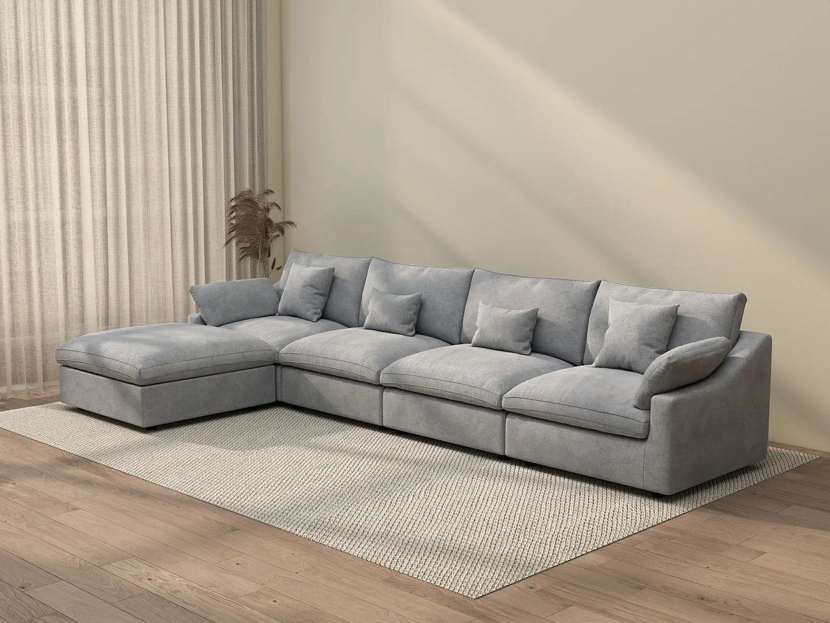 Deluxe Cloud 4-Seater Light-Grey Washable L-Shaped Sectional | 5-Piece (includes 1 Ottoman), Chenille and Linen Fabric, Modular Design