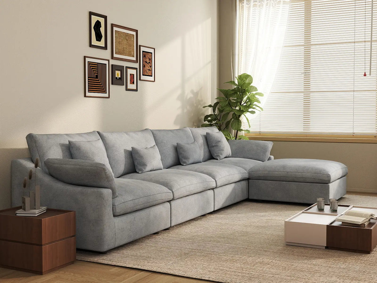 Deluxe Cloud 4-Seater Light-Grey Washable L-Shaped Sectional | 5-Piece (includes 1 Ottoman), Chenille and Linen Fabric, Modular Design