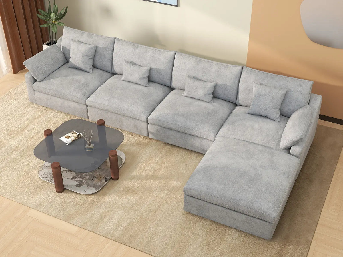 Deluxe Cloud 4-Seater Light-Grey Washable L-Shaped Sectional | 5-Piece (includes 1 Ottoman), Chenille and Linen Fabric, Modular Design