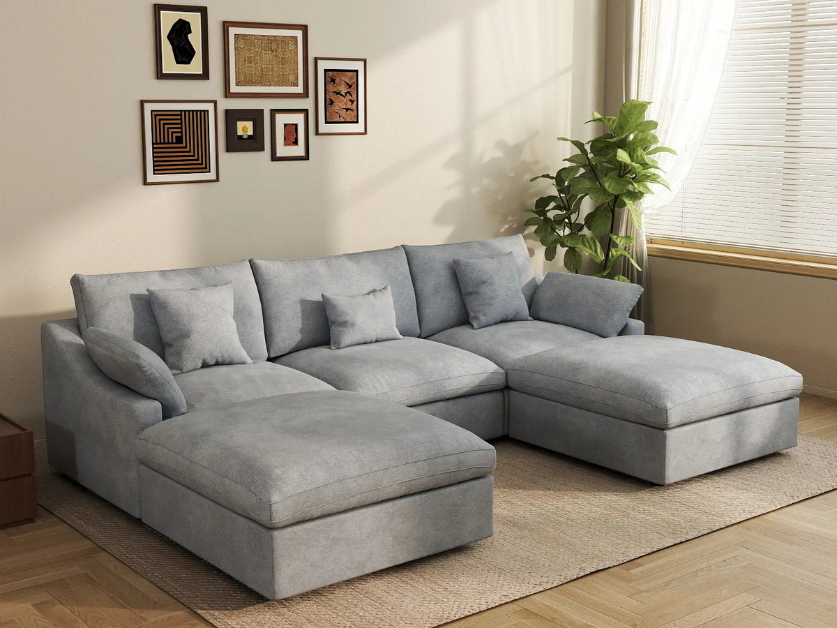 Deluxe Cloud 3-Seater Light-Grey Washable U-Shaped Sectional | 5-Piece (includes 2 Ottomans), Chenille and Linen Fabric, Modular Design