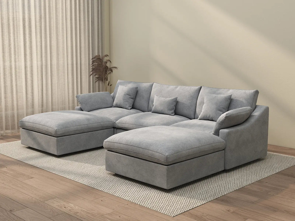 Deluxe Cloud 3-Seater Light-Grey Washable U-Shaped Sectional | 5-Piece (includes 2 Ottomans), Chenille and Linen Fabric, Modular Design