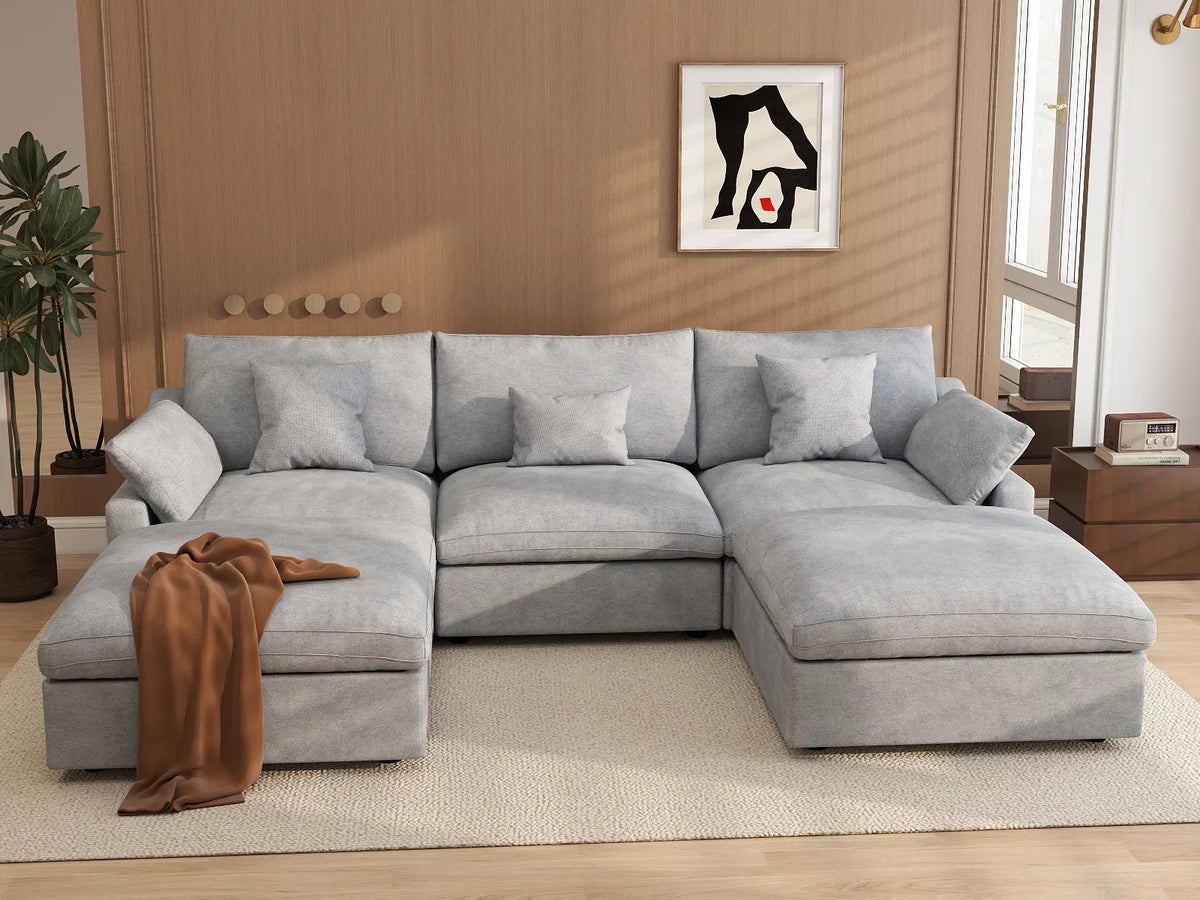 Deluxe Cloud 3-Seater Light-Grey Washable U-Shaped Sectional | 5-Piece (includes 2 Ottomans), Chenille and Linen Fabric, Modular Design