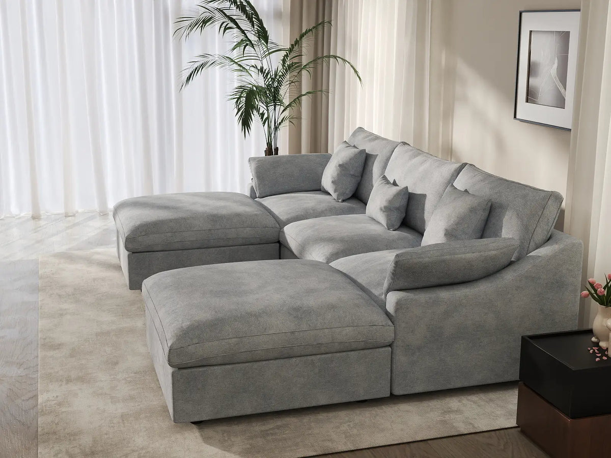 Deluxe Cloud 3-Seater Light-Grey Washable U-Shaped Sectional | 5-Piece (includes 2 Ottomans), Chenille and Linen Fabric, Modular Design