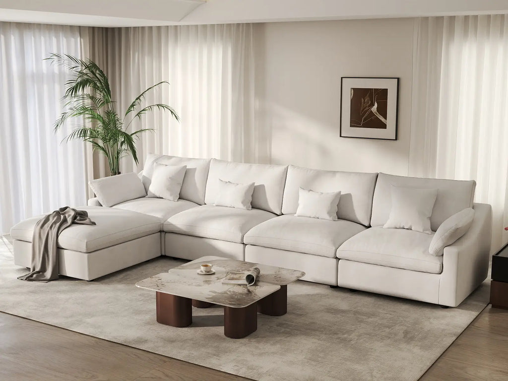 Deluxe Cloud 4-Seater White Washable L-Shaped Sectional | 5-Piece (includes 1 Ottoman), Chenille and Linen Fabric, Modular Design