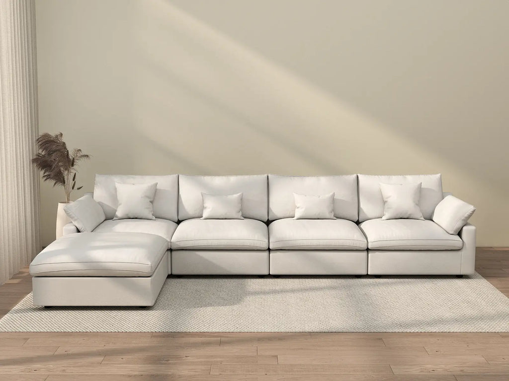 Deluxe Cloud 4-Seater White Washable L-Shaped Sectional | 5-Piece (includes 1 Ottoman), Chenille and Linen Fabric, Modular Design