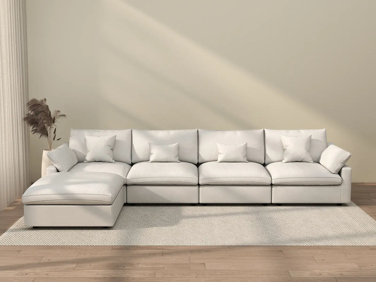 Deluxe Cloud 4-Seater White Washable L-Shaped Sectional | 5-Piece (includes 1 Ottoman), Chenille and Linen Fabric, Modular Design