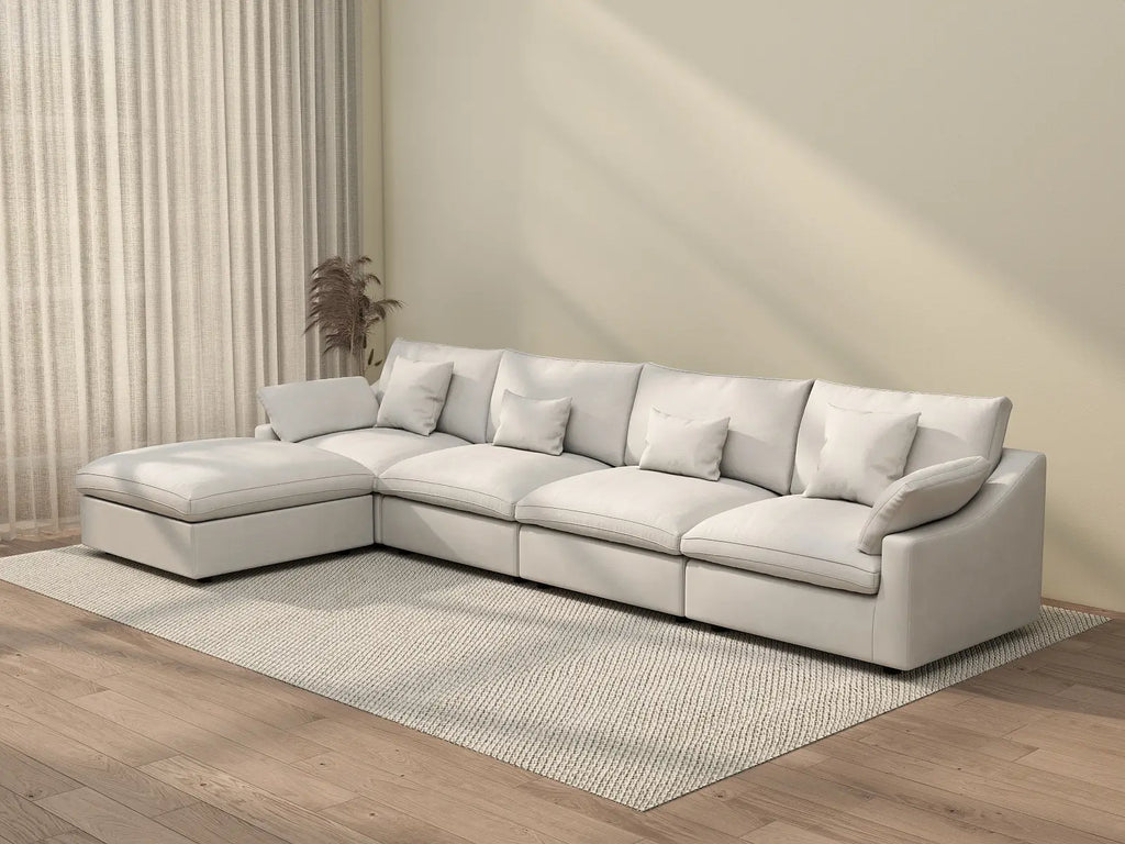 Deluxe Cloud 4-Seater White Washable L-Shaped Sectional | 5-Piece (includes 1 Ottoman), Chenille and Linen Fabric, Modular Design