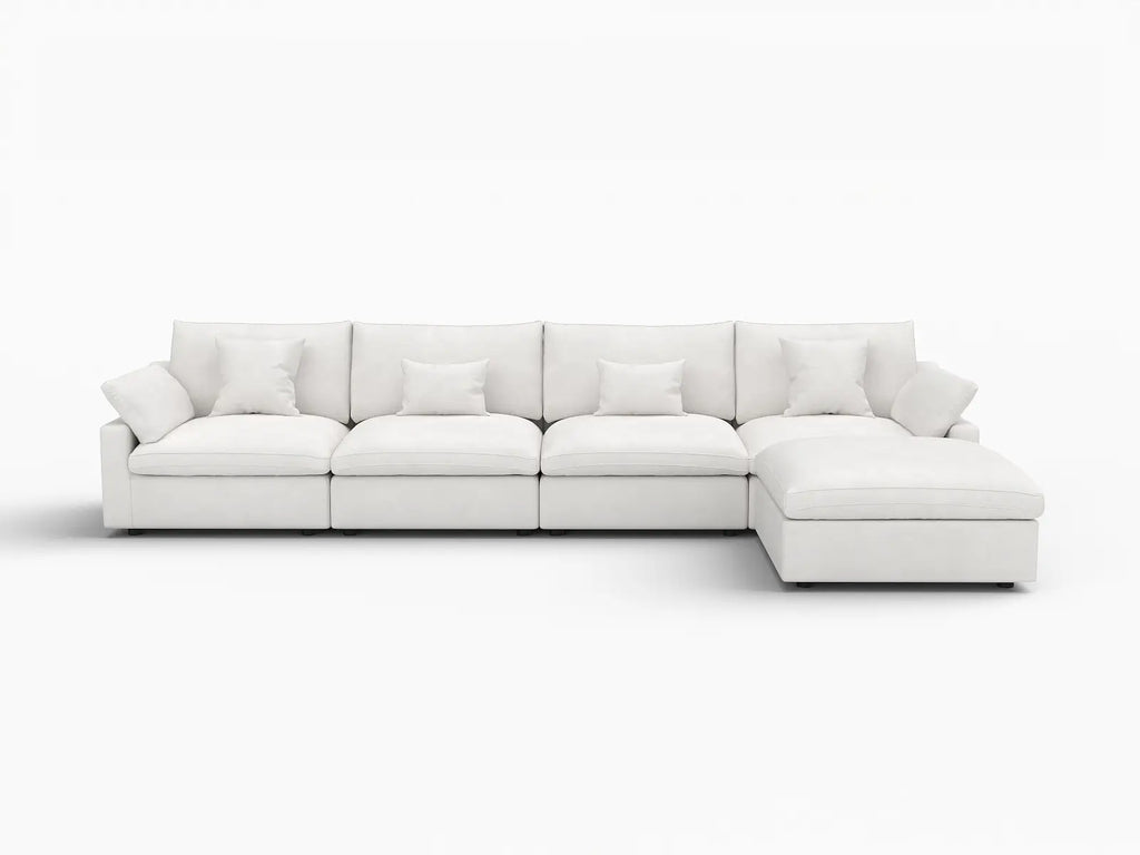 Deluxe Cloud 4-Seater White Washable L-Shaped Sectional | 5-Piece (includes 1 Ottoman), Chenille and Linen Fabric, Modular Design