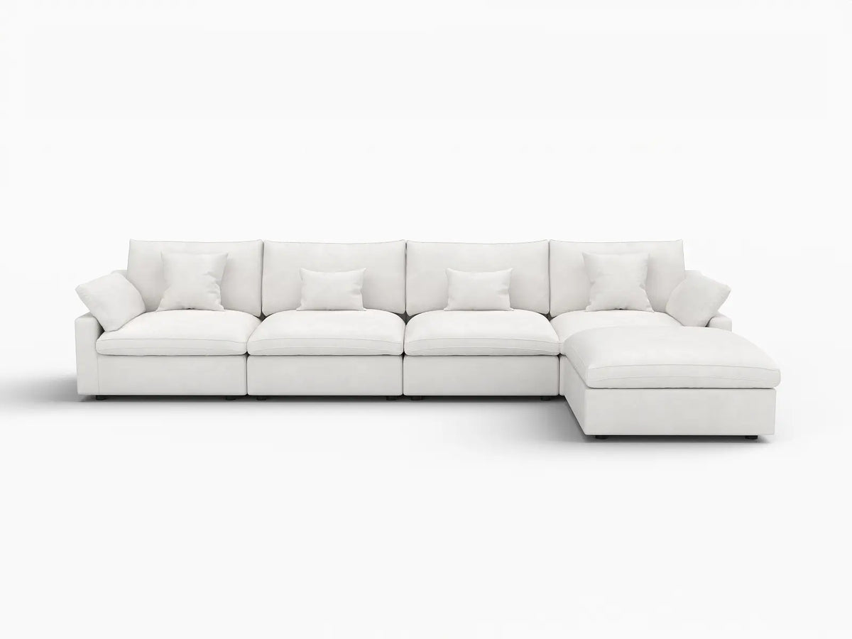 Deluxe Cloud 4-Seater White Washable L-Shaped Sectional | 5-Piece (includes 1 Ottoman), Chenille and Linen Fabric, Modular Design