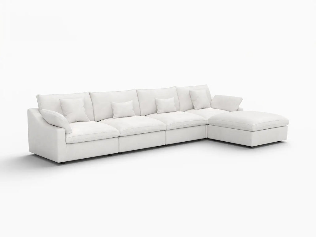 Deluxe Cloud 4-Seater White Washable L-Shaped Sectional | 5-Piece (includes 1 Ottoman), Chenille and Linen Fabric, Modular Design