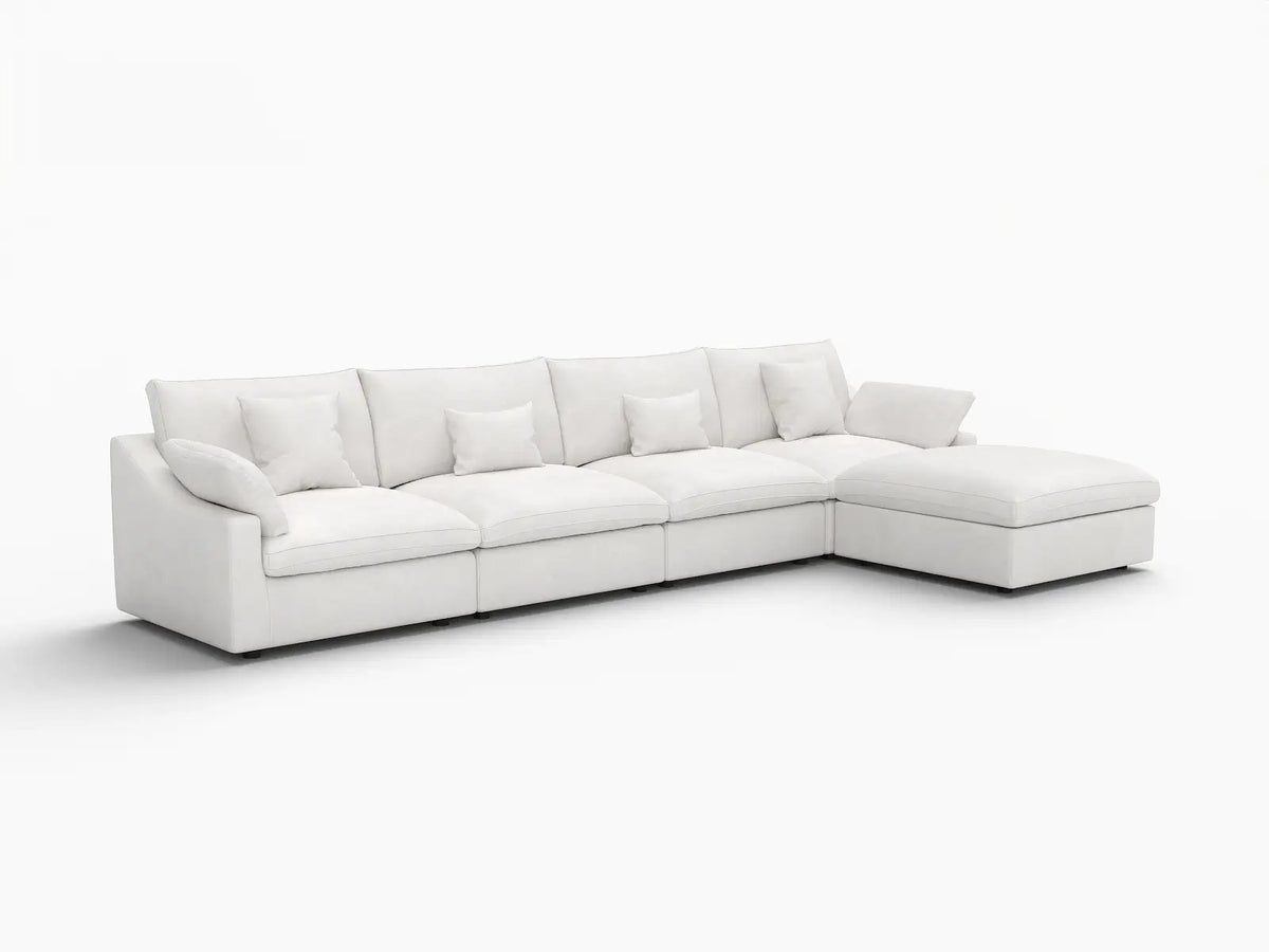 Deluxe Cloud 4-Seater White Washable L-Shaped Sectional | 5-Piece (includes 1 Ottoman), Chenille and Linen Fabric, Modular Design