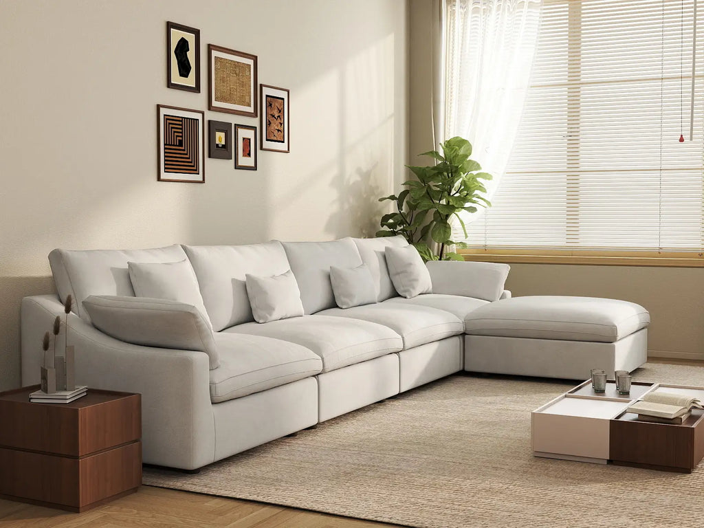 Deluxe Cloud 4-Seater White Washable L-Shaped Sectional | 5-Piece (includes 1 Ottoman), Chenille and Linen Fabric, Modular Design