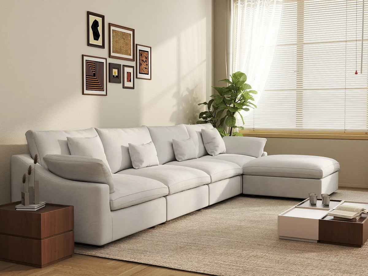 Deluxe Cloud 4-Seater White Washable L-Shaped Sectional | 5-Piece (includes 1 Ottoman), Chenille and Linen Fabric, Modular Design